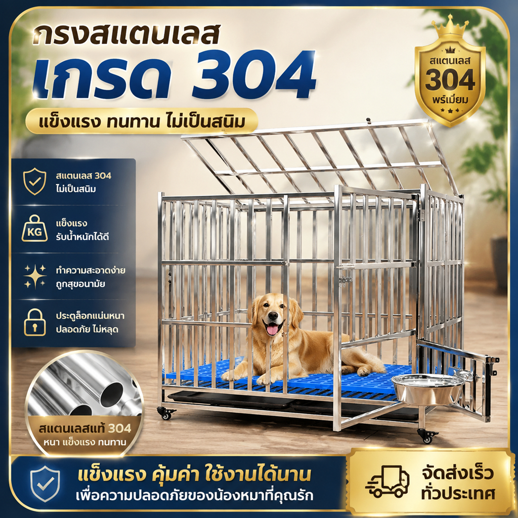 กรงสุนัข กรงสุนัขสแตนเลส grade304ไม่ขึ้นสนิม ประกัน3ปี!!!! Stainless Steel Cage