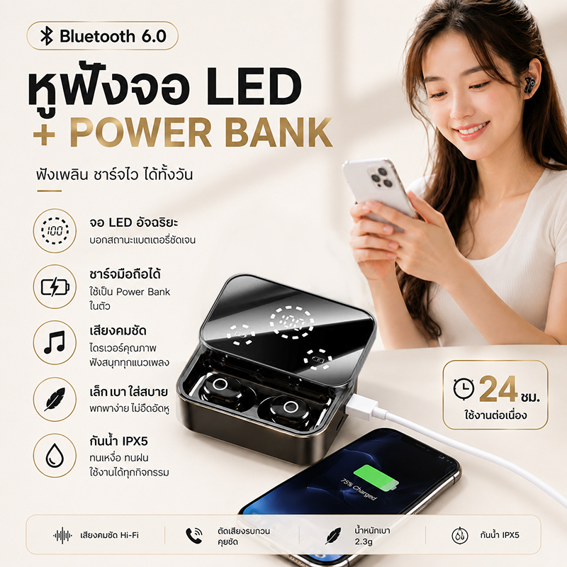 หูฟังไร้สาย Bluetooth 6.0 จอ LED อัจฉริยะ + Power Bank ชาร์จได้ ตัดเสียงรบกวน เสียงคมชัด Hi-Fi กันน้ำ IPX5