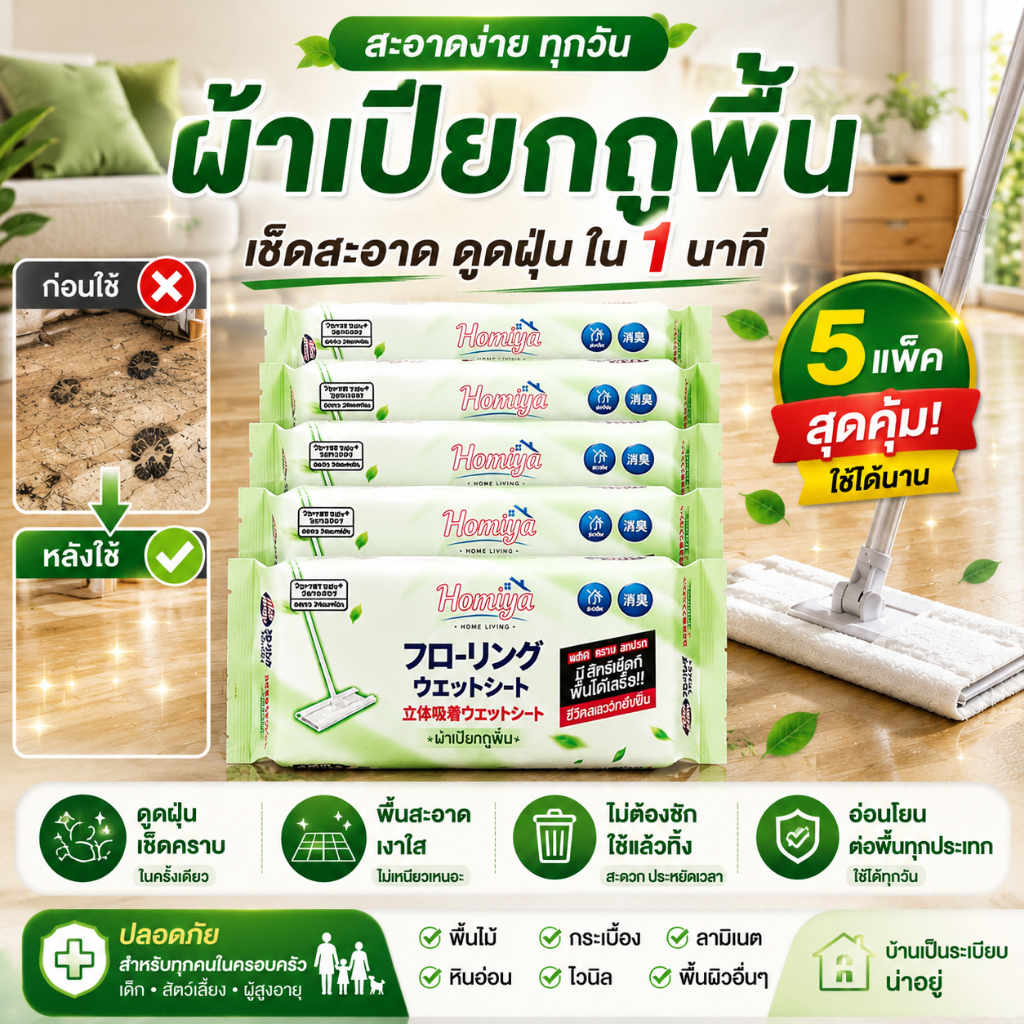 ผ้าเปียกถูพื้นแบบใช้แล้วทิ้ง แผ่นเช็ดพื้นเปียก สำหรับไม้ม็อบ ดักฝุ่น ลดคราบ กลิ่นหอมสดชื่น Homiiya นำเข้าญี่ปุ่น 6 แพ็ก