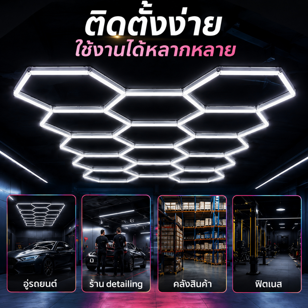 【COD】Hexagon Garage Light ไฟรังผึ้งหกเหลี่ยม LED ไฟโรงรถ ไฟคาร์แคร์ ไฟเพดาน ไฟโชว์รถ AC220V