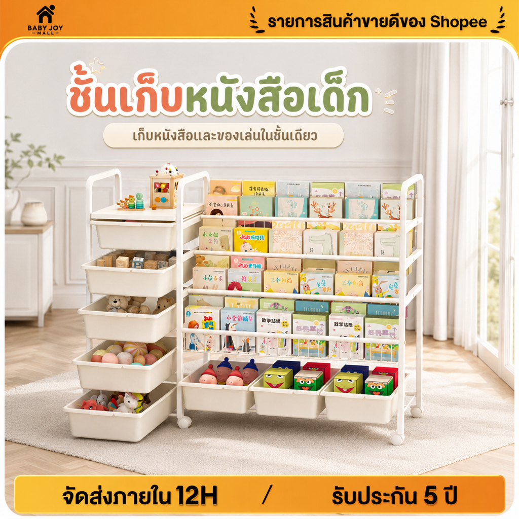 ชั้นวางหนังสือเด็ก ชั้นเก็บของเล่นเด็ก 2in1 พร้อมกล่องเก็บของ มีล้อเลื่อน จุของเยอะ จัดระเบียบง่าย