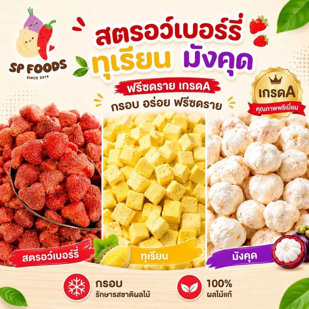 สตรอว์เบอรี่/ทุเรียนฟรีซดราย กรอบ อร่อย ไม่มีน้ำตาล ไม่มีน้ำมัน สตรอเบอรี่ ทุเรียน ฟรีซดราย ผลไม้ฟรีซดราย
