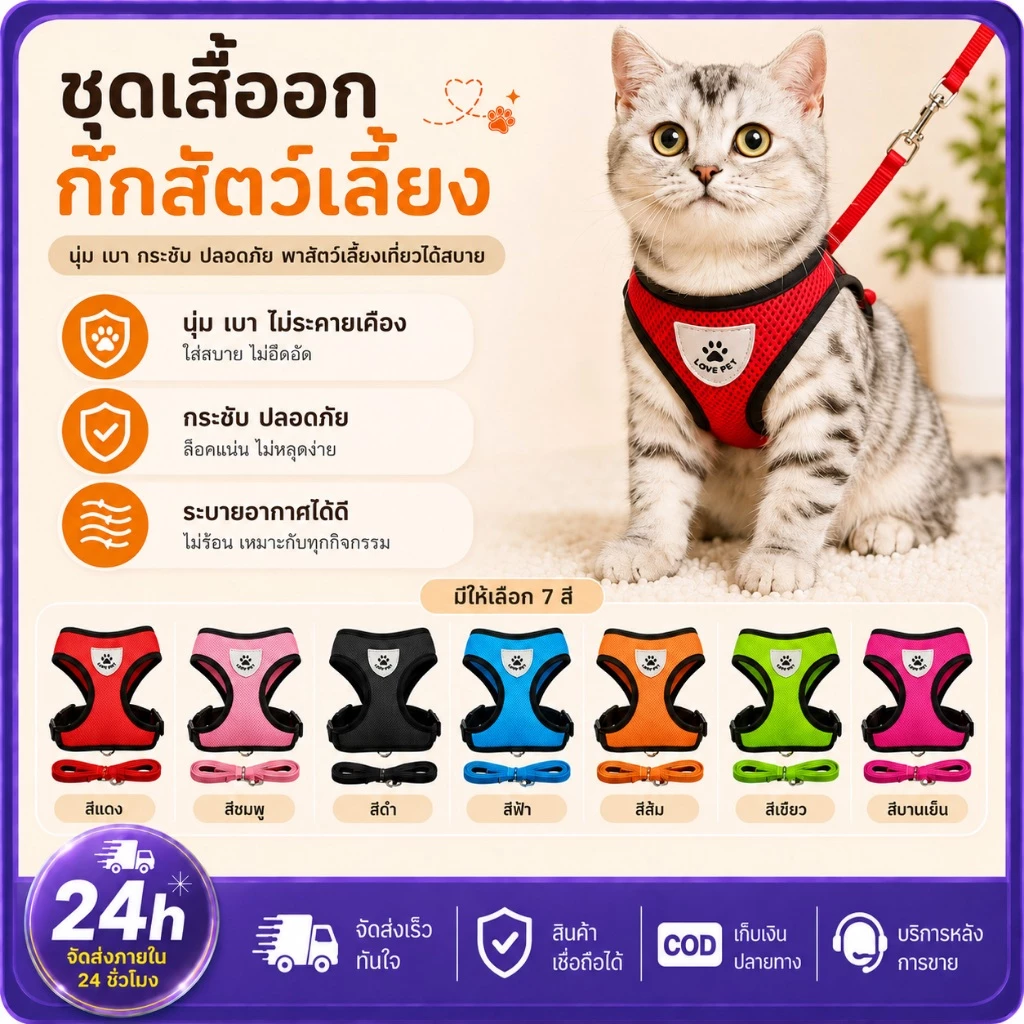 PETWELL สายรัดอกแมวพร้อมสายจูง สายรัดอกสุนัข ระบายอากาศได้ดี สำหรับแมวและสุนัขตัวเล็ก