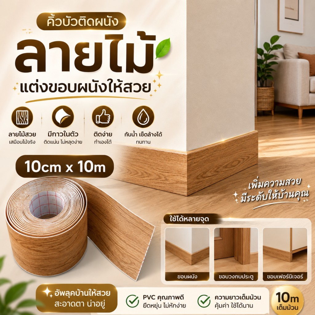 คิ้วบัวติดผนัง ลายไม้ 10cmx10m PVC มีกาวในตัว บัวตกแต่งขอบผนัง สติ๊กเกอร์แต่งผนัง
