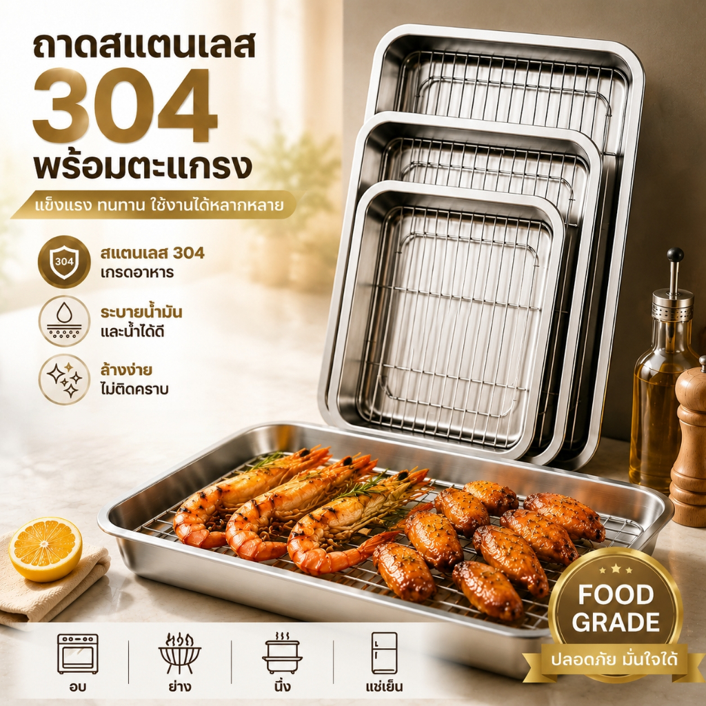 ถาดสแตนเลส พร้อมตะแกรงกรอง ล้างง่าย ทนความร้อน สำหรับครัวเรือนและร้านค้า มี 7 ไซส์ ให้เลือก
