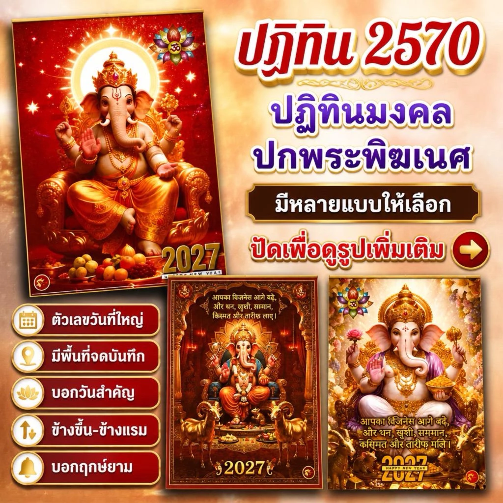 ปฏิทินแขวน พระพิฆเนศ 2570 / ปฏิทิน 2027 ปีมะแม / มีหลายแบบให้เลือก หน้าปกสีสวย มงคล สายมูต้องมี