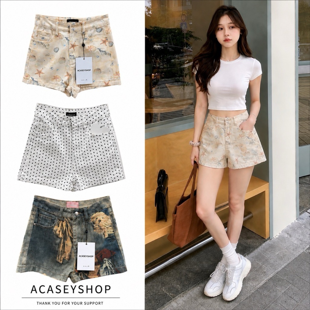 Acasey กางเกงยีนส์ผู้หญิง ขาสั้น พิมพ์ลายหมี รุ่นขายดี #1358 ไซส์ S - XL
