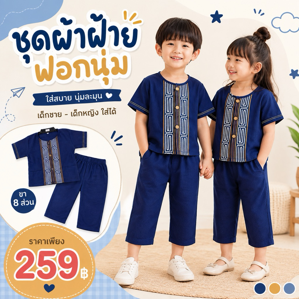 สินค้าพร้อมส่ง ชุดผ้าฝ้ายเด็กเดินเชือกขายาวสีกรมท่า