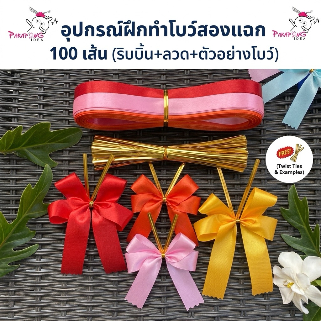 อุปกรณ์ทำโบว์ 2 แฉก (ริบบิ้น+ลวด+ตัวอย่างโบว์ 1 ชิ้น)