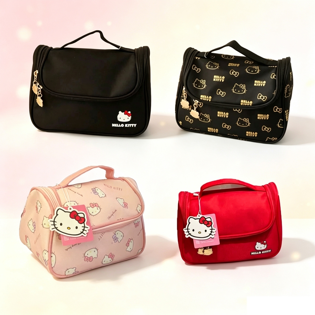 (พร้อมส่ง)Kitty กระเป๋าเครื่องสําอางเดินทางความจุขนาดใหญ่แบบพกพาแป้งกระเป๋าแบบพกพาน่ารักกันน้ํากระเป๋าถือ