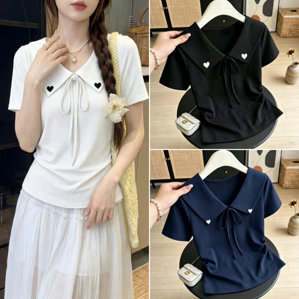 Hotgirl พร้อมส่ง เสื้อยืดแขนสั้นมีปกสไตล์เกาหลีสำหรับผู้หญิง สีพื้น สไตล์สลิมฟิต หวานและน่ารัก