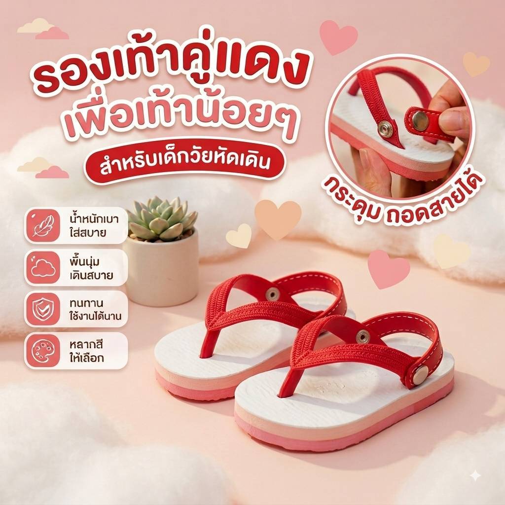 รองเท้าแตะเด็ก สไตล์ ช้างดาว สีแดง (รัดส้นรุ่นกระดุม ถอดสายได้)