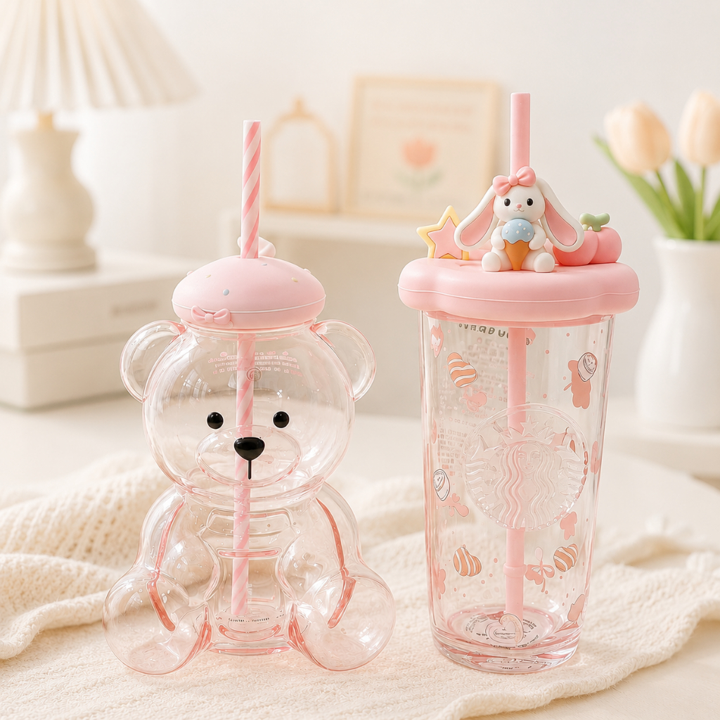 2026 Starbucks Bear Glass Cold Cup แก้วทนอุณหภูมิสูงถ้วยฟางถ้วยกาแฟถ้วยน้ําของขวัญวันเกิด