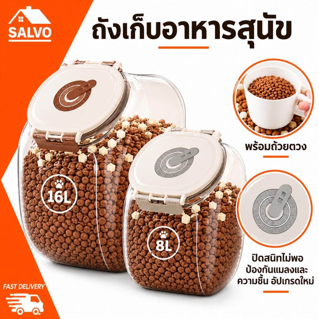 ถังเก็บอาหารสัตว์เลี้ยง 8L/16L กล่องเก็บอาหารสุนัขและแมว ฝาซีลกันชื้น กันแมลง มองเห็นด้านใน ความจุใหญ่ เก็บอาหารสดใหม่ได