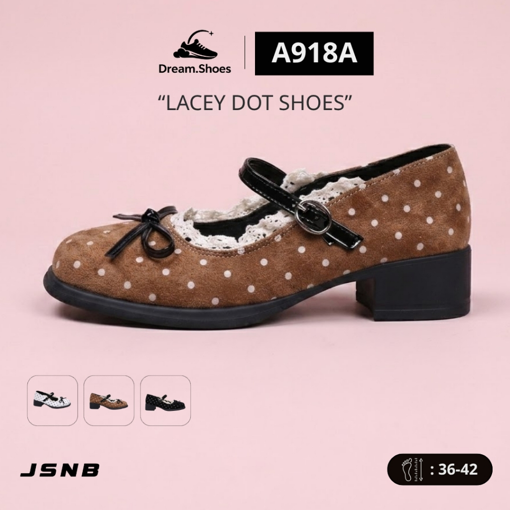 JSNB รองเท้าแมรี่เจน รองเท้าคัทชูแมรี่เจน ลายจุดแต่งลูกไม้ ส้นตึก 5cm [LNA918A]