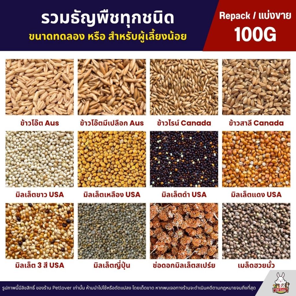 รวมธัญพืชสำหรับนก อาหารนก ขนาดทดลอง หรือเลี้ยงน้อย (แบ่งขาย 100G )