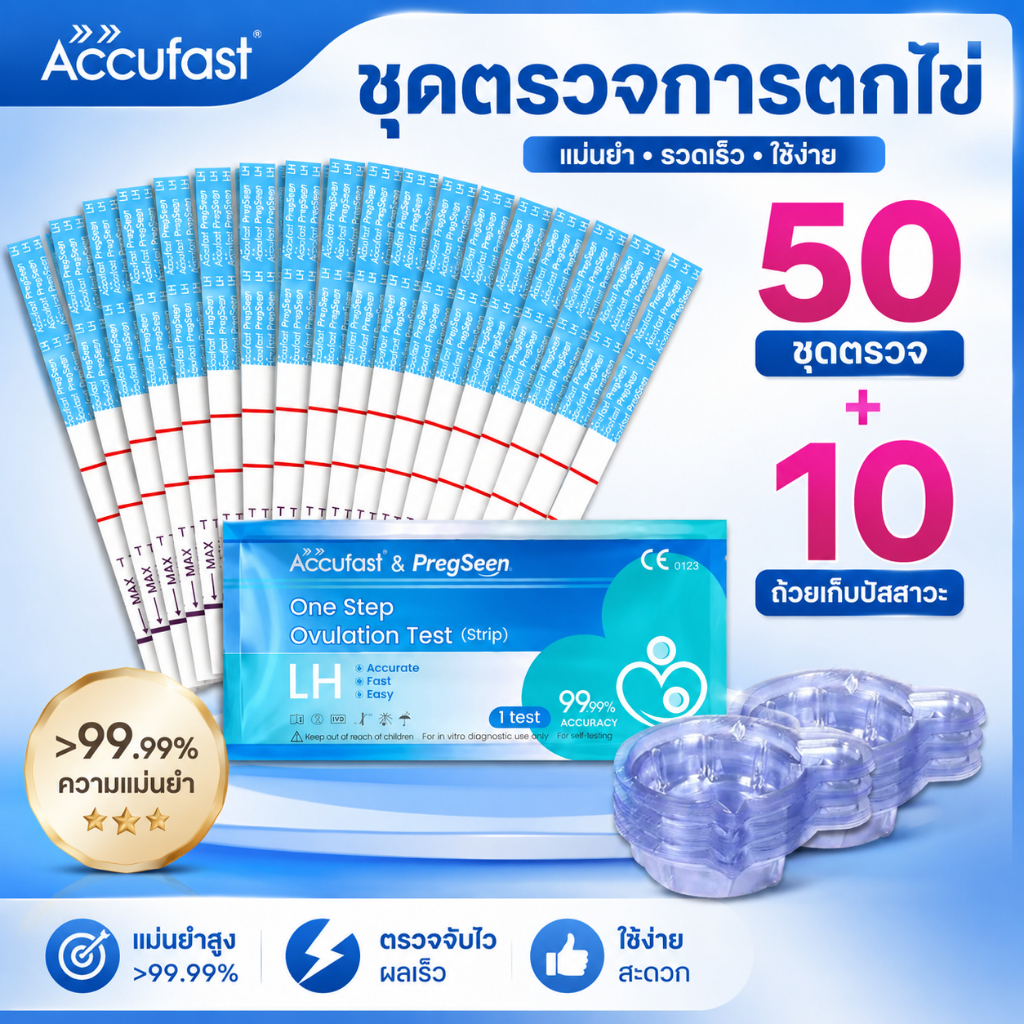 ACCUFAST ชุดตรวจ LH 50 ชิ้น แถมถ้วยเก็บปัสสาวะ 50 ใบ ตรวจวันไข่ตก แม่นยำ 99.99%