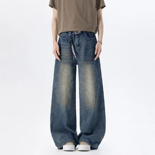S-5XL Baggy กางเกงยีนส์ผู้ชาย สไตล์เกาหลี ทรงหลวม ขากว้าง สไตล์เรโทร ฟอกสีตามเทรนด์แฟชั่น