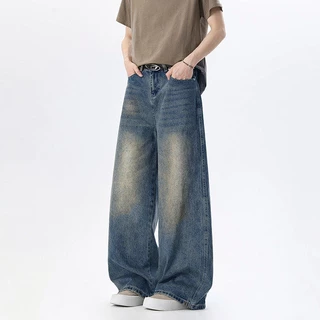 S-5XL Baggy กางเกงยีนส์ผู้ชาย สไตล์เกาหลี ทรงหลวม ขากว้าง สไตล์เรโทร ฟอกสีตามเทรนด์แฟชั่น