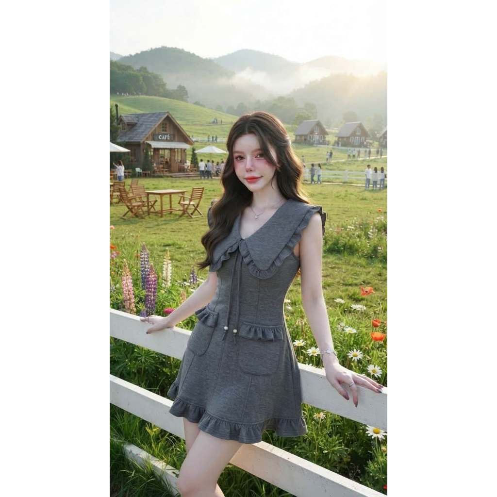 Chaaim Shop ❤️CA970 เซ็ตมินิเดรสสีเทาแขนกุด+ขาสั้น ป้ายCher'Ann