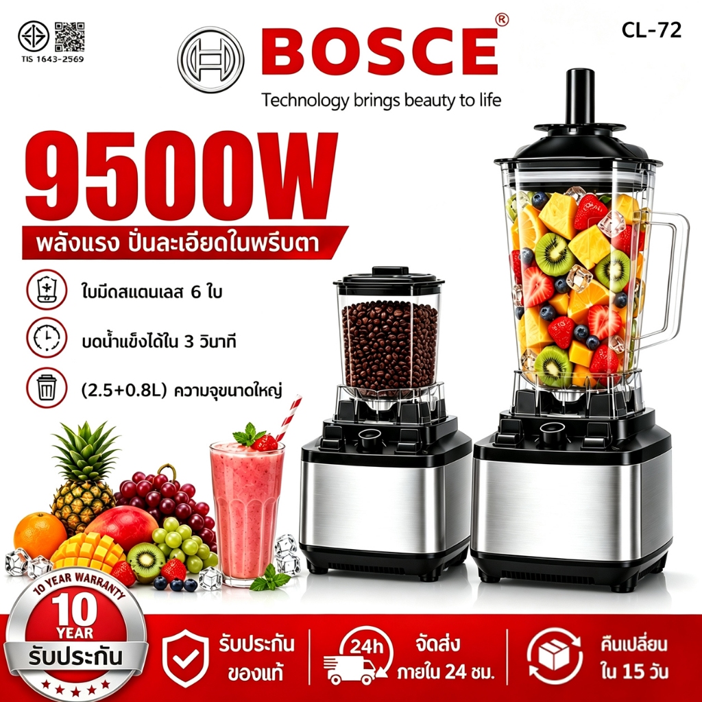 【รับประกัน10ปี】เครื่องปั่นน้ำผลไม้ 3.3L เครื่องปั่นผลไม้ 9500W มอเตอร์เยอรมัน 1แถม1 แถมโถบดแห้ง เครื่องปั่นพลังสูง