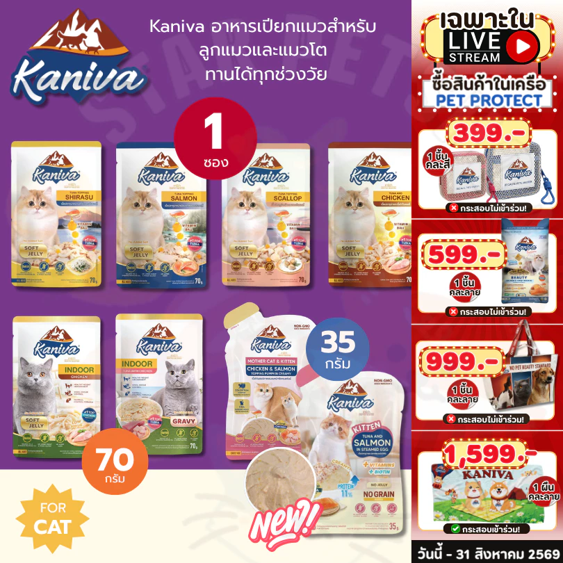 Kaniva อาหารเปียกคานิว่า เนื้อปลาทูน่า Vitamin Balls ทุกช่วงวัย ไม่เติมเกลือ 1ซอง ขนาด 30-70 กรัม