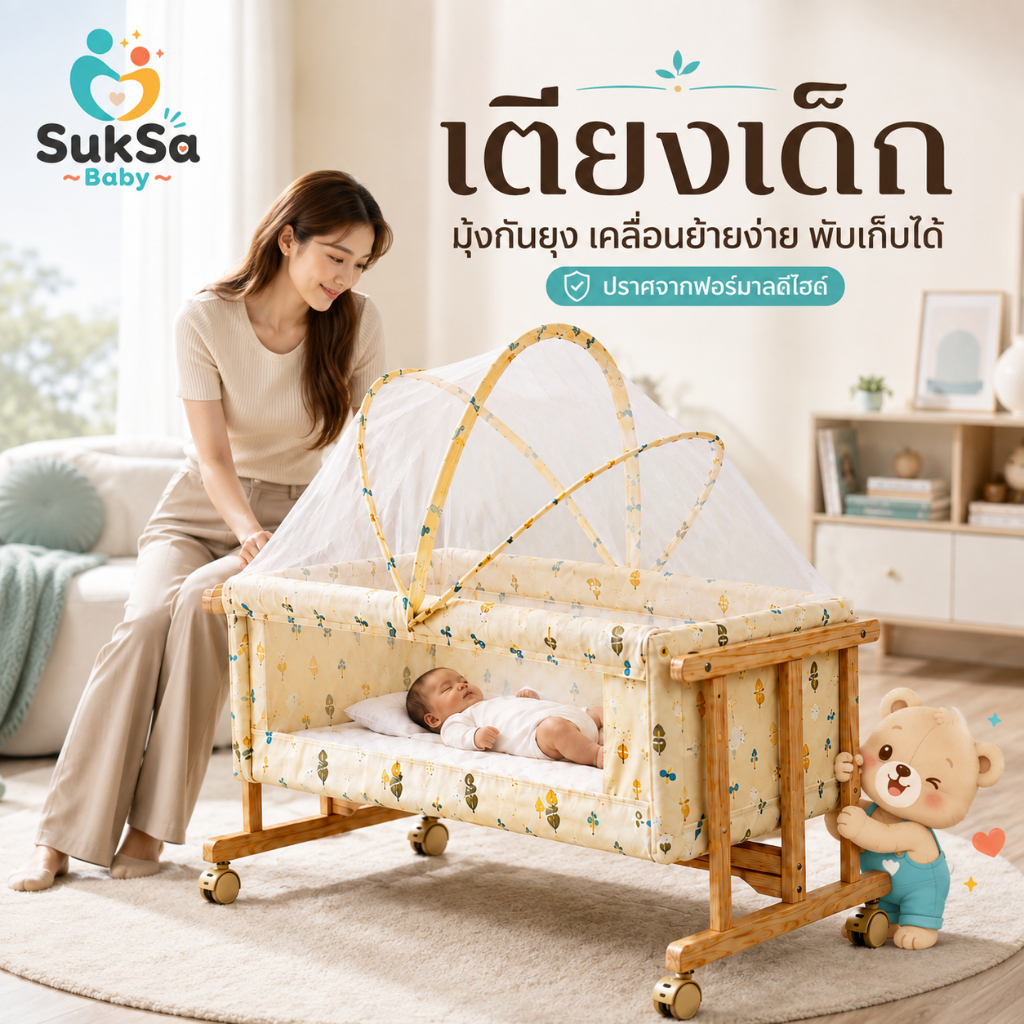 เตียงเด็ก เตียงนอนเด็ก มุ้งกันยุง เคลื่อนย้ายง่าย พับเก็บได้ ปราศจากฟอร์มาลดีไฮด์