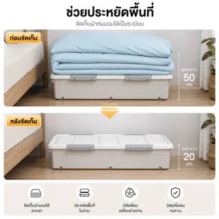 Oy กล่องเก็บของใต้เตียง พลาสติก PP มีฝาปิด มีล้อเลื่อน เปิด 2 ด้าน เก็บเสื้อผ้า ประหยัดพื้นที่