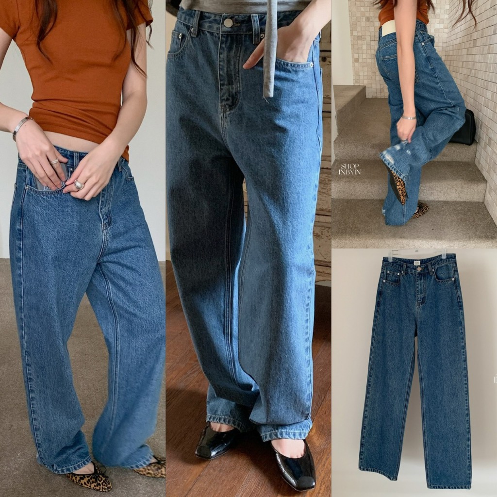 ❤ 🧵 🇰🇷 I4133 Distressed Hem Straight Leg Jeans กางเกงขายาว ผ้าเดนิมยีนส์สีฟอกกลาง แฟชั่นเกาหลี TAG In by In ✈