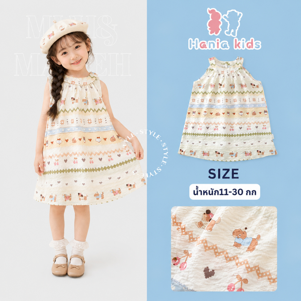 Hania Kids พร้อมส่ง ชุดเดรสลายการ์ตูน สไตล์เกาหลีน่ารัก ใส่สบาย ชุดเด็กผู้หญิง K6126245