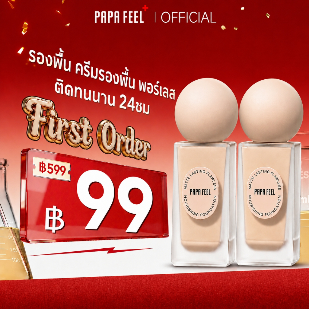 PAPA FEEL รองพื้น ครีมรองพื้น พอร์เลส 30 มล.Matte Foundation รองพื้นขวด | ผิวมัน | ติดทนนาน 24ชม. | SPF30 PA++++ | เบสรอ
