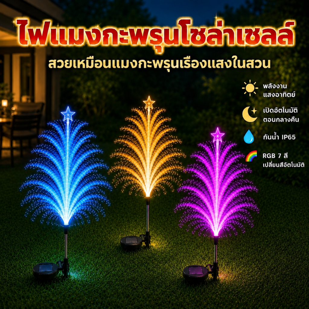 โคมไฟพลังงานแสงอาทิตย์ ด้วยแมงกะพรุน เรืองแสง 7สี สำหรับตกแต่งสวน