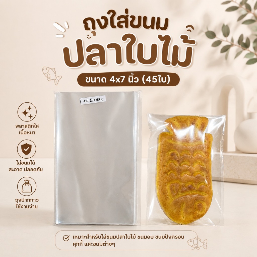 ถุงเเก้ว ถุงใส่ขนมปลาใบไม้ ขนาด 4x7นิ้ว (45ใบ)