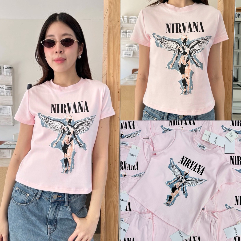 Nirvana baby tee เสื้อยืดคอกลมแขนสั้นทรงเบบี้ที แบรนด์ดัง ผ้ายืดหยุ่น ทรงสวย ใส่สบาย