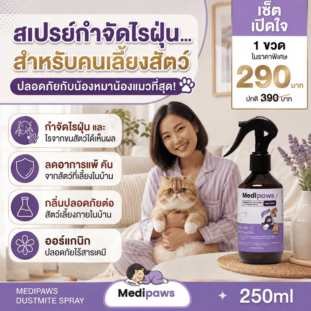1 ขวด สเปรย์กำจัดไรฝุ่น Medipaws สำหรับคนเลี้ยงสัตว์ กำจัดไรขนสัตว์ เห็บหมัด หมดปัญหาแพ้คัน สูตรออร์แกนิค ไร้สารตกค้าง