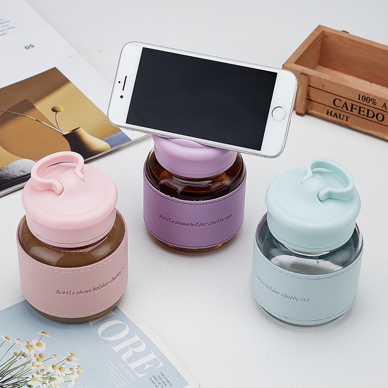 ขวดแก้วบรรจุน้ำ 300ml สไตลเกาหลี สีม่วง วางมือถือได้(SB0015)