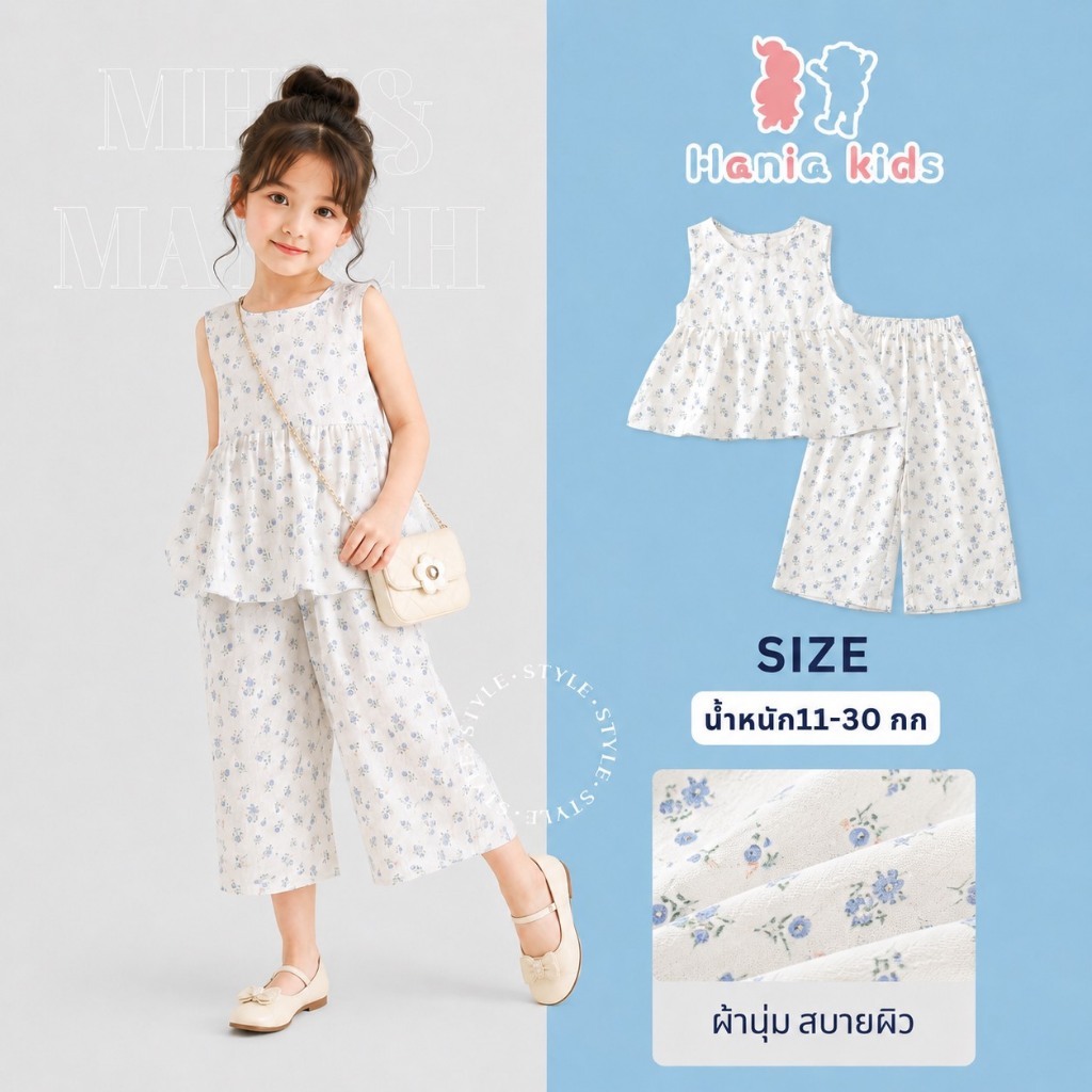 Hania Kids พร้อมส่ง ชุดเซ็ตลายดอกไม้สีน้ำเงิน ชุดเซ็ตเด็กผู้หญิงน่ารัก K6126238