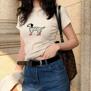 (COD ส่งจากไทย) baby tee เสื้อที-เชื่อผ้าฝ้ายแบบอเมริกันสำหรับผู้หญิง สไตล์แขนสั้น สีซันมีการพิมพ์ลายลักษณะ สำหร