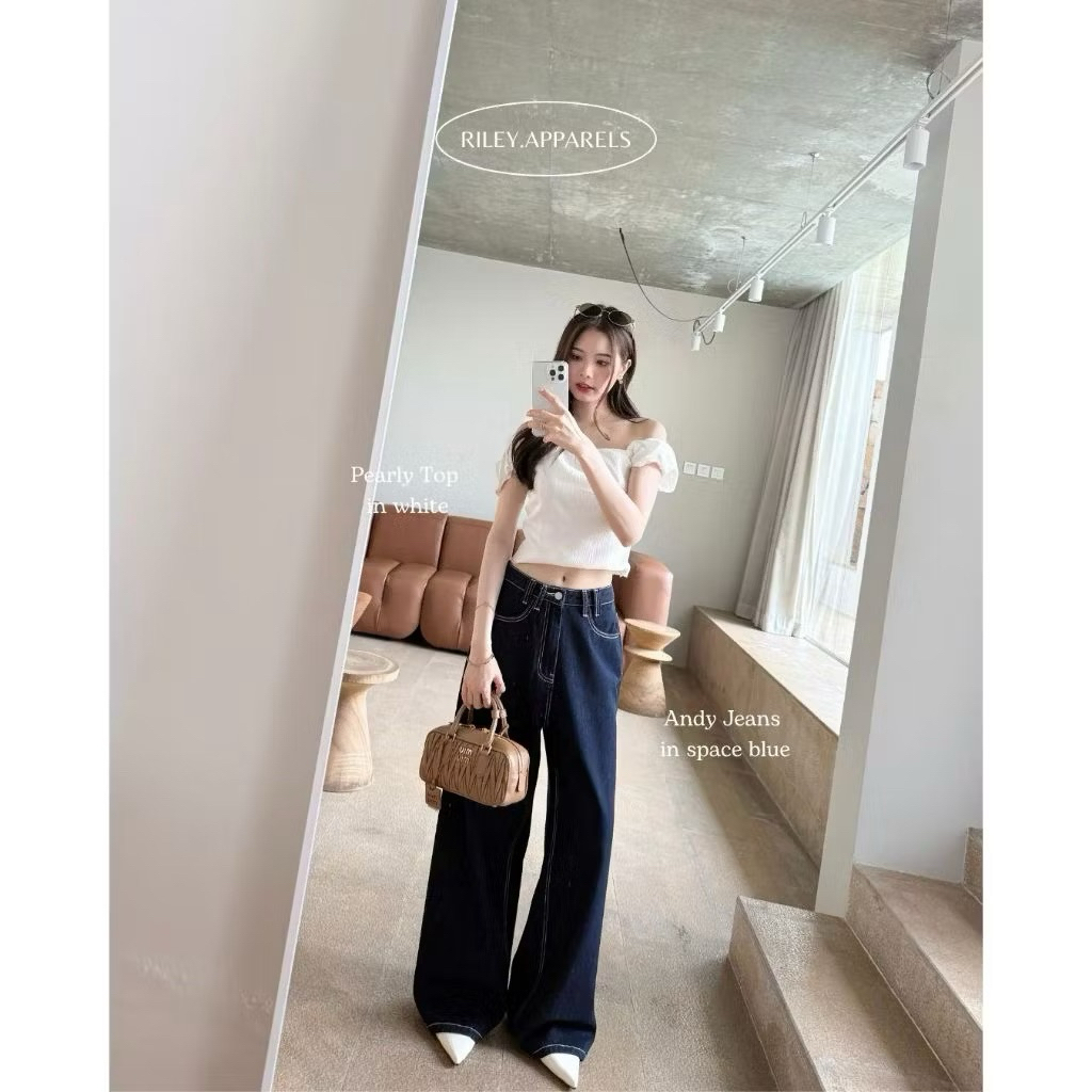 Riley 🎀 size l มือสอง กางเกงยีนส์ Andy Jeans สี Space Blue สีน้ำเงินเข้มตัดด้วบด้ายขาว