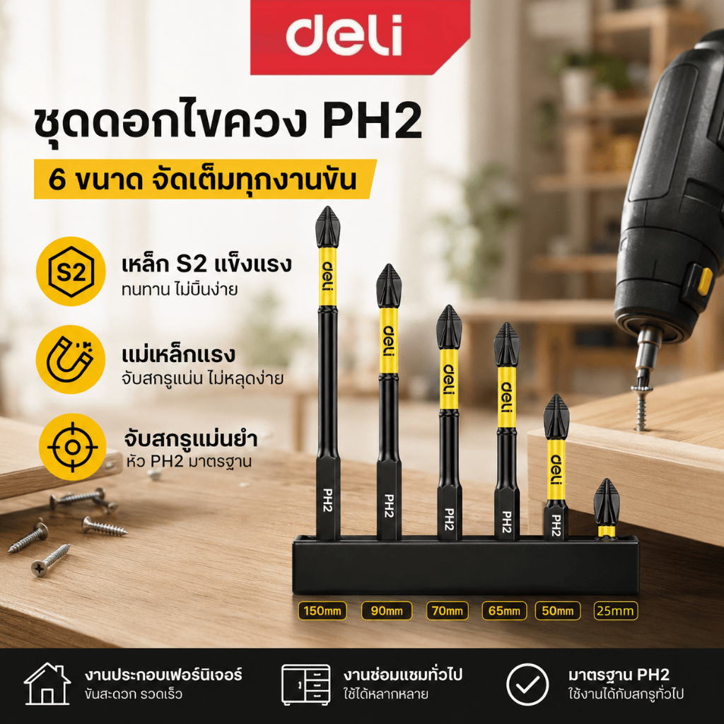 Deli ดอกไขควง PH2 เหล็ก S2 แม่เหล็กแรงสูง หลายขนาด 25-150mm สำหรับสว่านไฟฟ้า