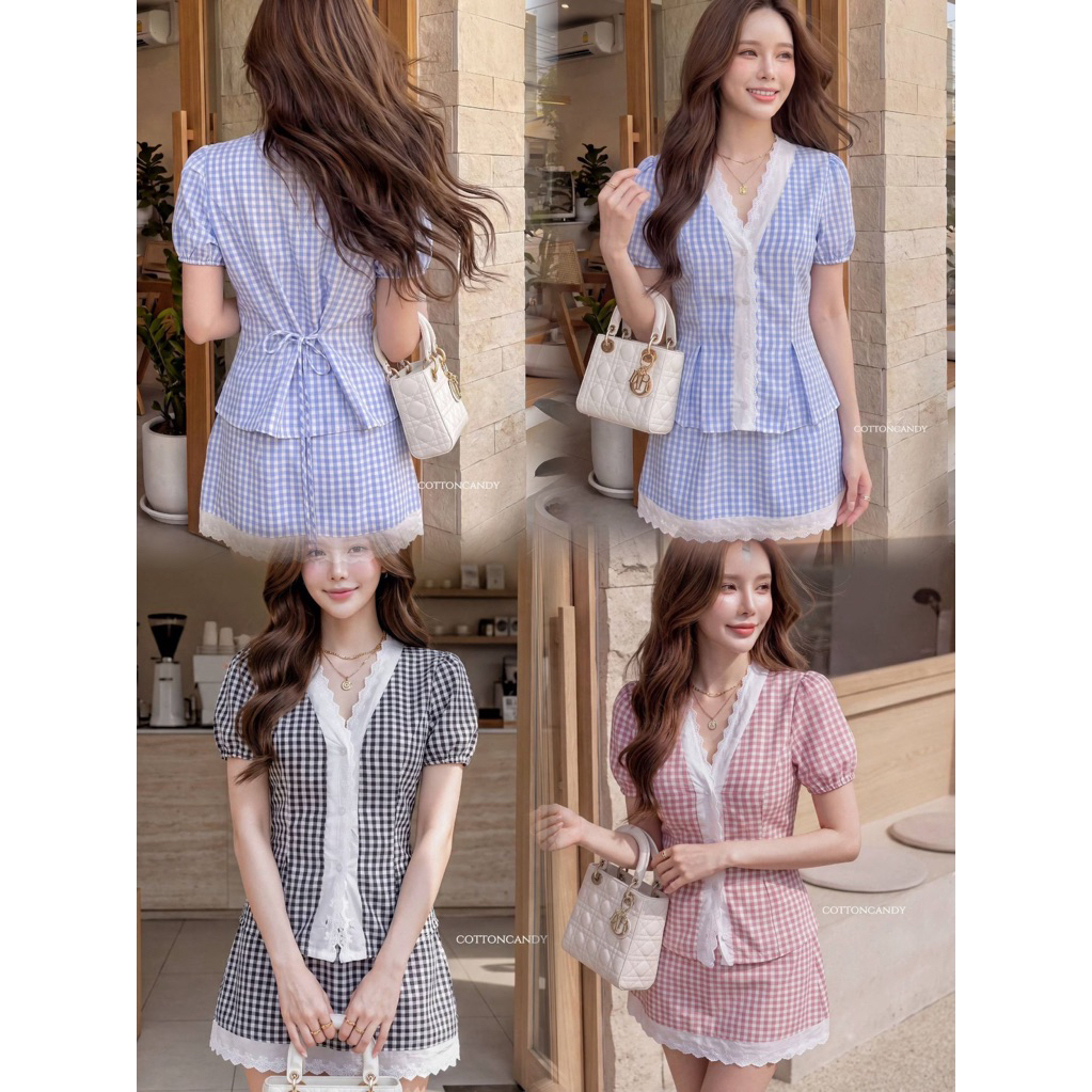 #Cotton Candy 🍭 ชุดเซตลายตาราง เสื้อแขนตุ๊กตาแต่งลูกไม้ กป. New Lovely korea set