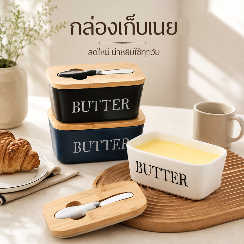 กล่องเก็บเนย(Butter) กล่องใส่เนยพร้อมฝาไม้ไผ่ กล่องเก็บเนย ฝาไม้ไผ่ดีไซน์มินิมอล พร้อมที่วางมีดเนย เข้าไมโครเวฟได้
