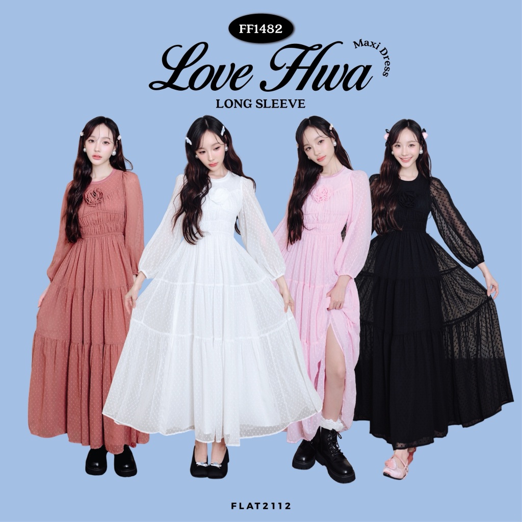 FLAT2112 : LOVE HWA MAXI DRESS (LONG SLEEVES) เดรสยาวแต่งดอกกุหลาบ เดรสคุณหนู เดรสเกาหลี ให้ลุคคุณหนู (FF1482)