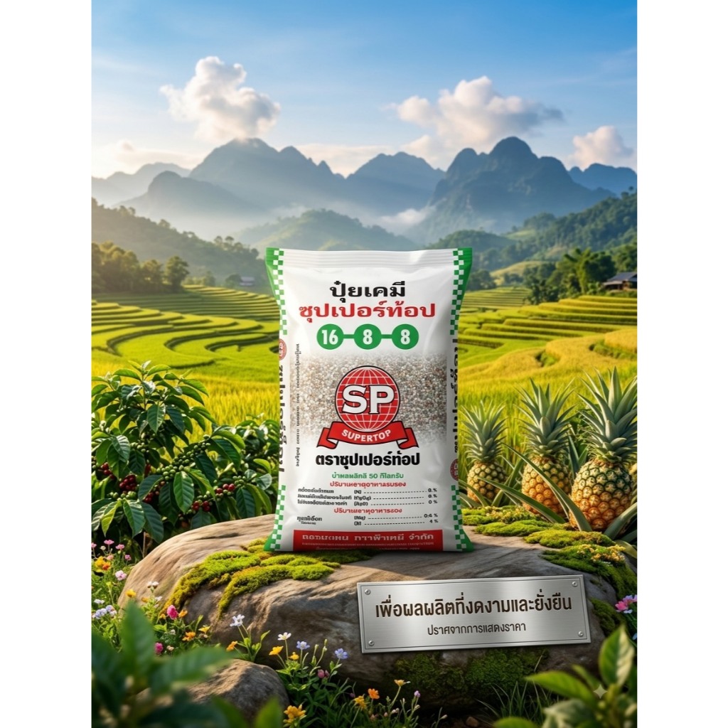 (1กระสอบ=50กิโล)ปุ๋ยซุปเปอร์ท๊อป สูตร 16-8-8 เป็นปุ๋ยเคมีสูตรเสมอต้นเสมอปลายที่เน้นไนโตรเจนสูง ช่วยเร่งการเจริญเติบโตใน
