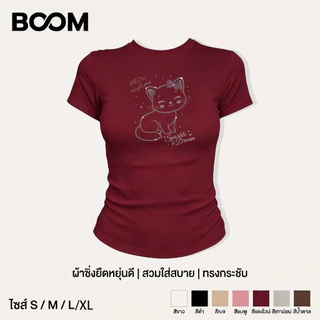 COD เสื้อเบบี้ที baby tee Y2K สไตล์เกาหลี ผู้หญิง พิมพ์ลายแมวโบว์น่ารักข้อความภาษาอังกฤษ แขนสั้น ทรงกระชับ แสดงรูปร่าง