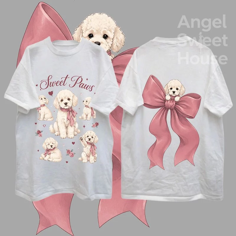 (COD) Angle Official เสื้อยืดผู้หญิงแขนสั้น ทรงหลวม ลายน้องหมากับโบว์ชมพู Sweet Paws สไตล์หวานน่ารัก ผ้านุ่ม ใส่สบาย