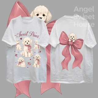 (COD) Angle Official เสื้อยืดผู้หญิงแขนสั้น ทรงหลวม ลายน้องหมากับโบว์ชมพู Sweet Paws สไตล์หวานน่ารัก ผ้านุ่ม ใส่สบาย