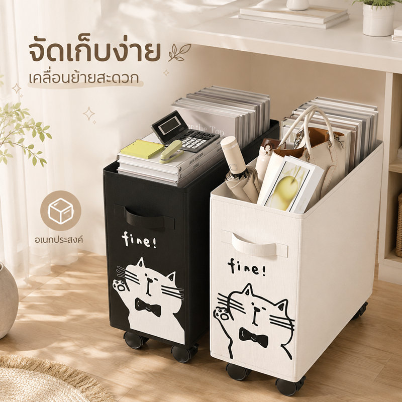 กระเป๋ารถเข็นลายแมว กล่องเก็บของ วัสดุผ้า พร้อมล้อเลื่อนอเนกประสงค์ วัสดุแข็งแรง เคลื่อนย้ายสะดวก