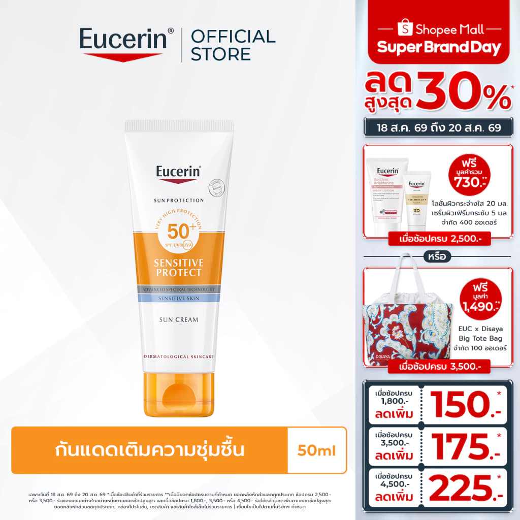 Eucerin SUN SENSITIVE PROTECT CREAM SPF 50+ PA++++ 50 ML ยูเซอริน ครีมกันแดดสำหรับผิวหน้า ให้ความชุ่มชื้น กันน้ำ