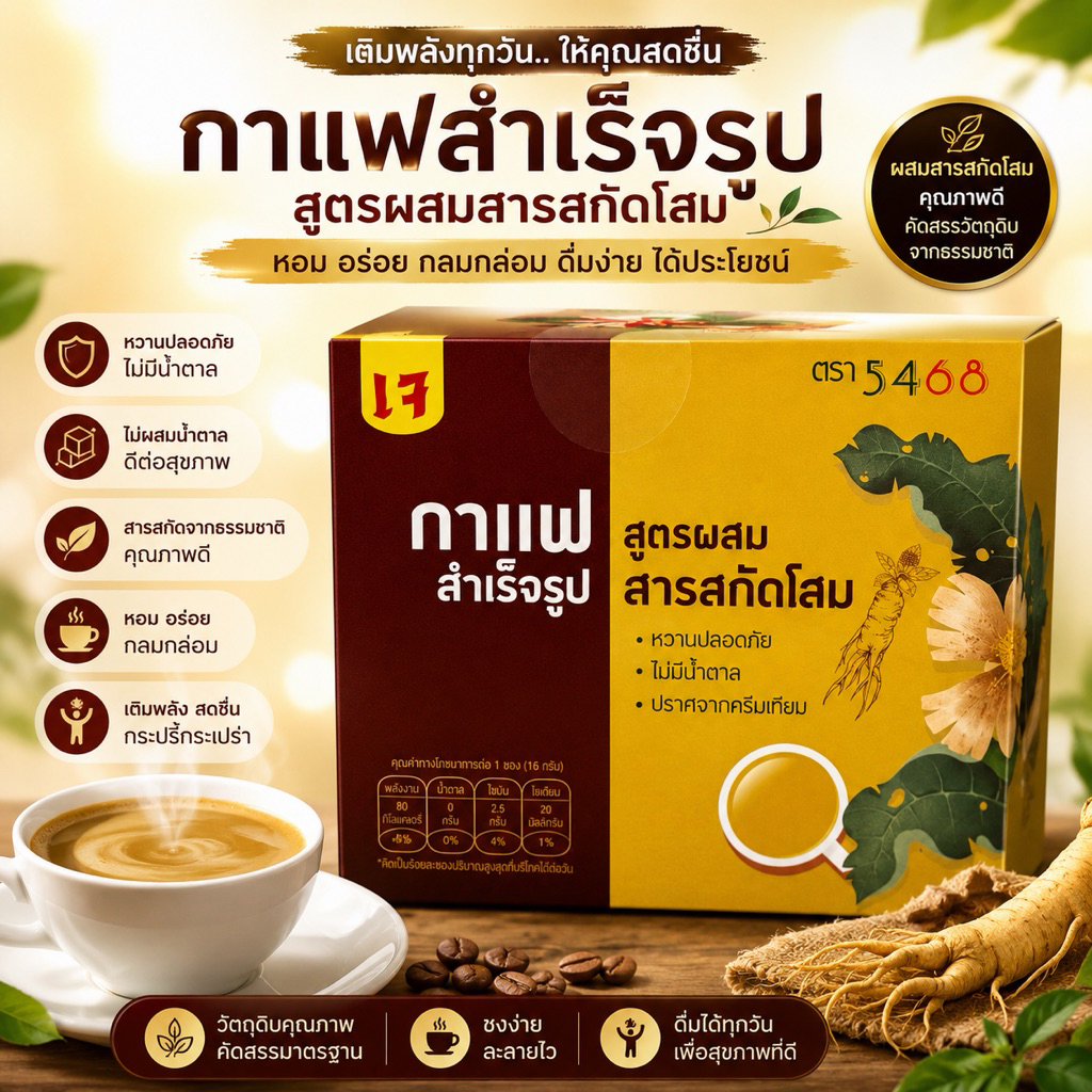 กาแฟสำเร็จรูปผสมโสมหญ้าหวานปราศจากครีมเทียมเเละน้ำตาล